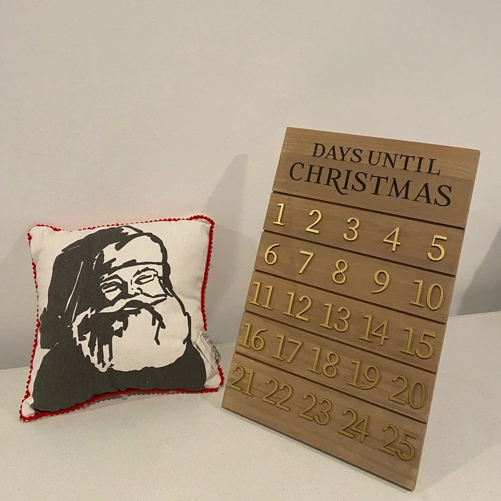 Wooden Countdown Xmas Calendar and Santa Pillow From Target bundle NWOT